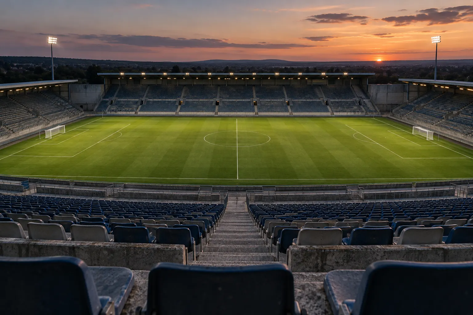 Üres stadionlelátó alkonyatkor, a felső sorból nézve a megvilágított pálya felé